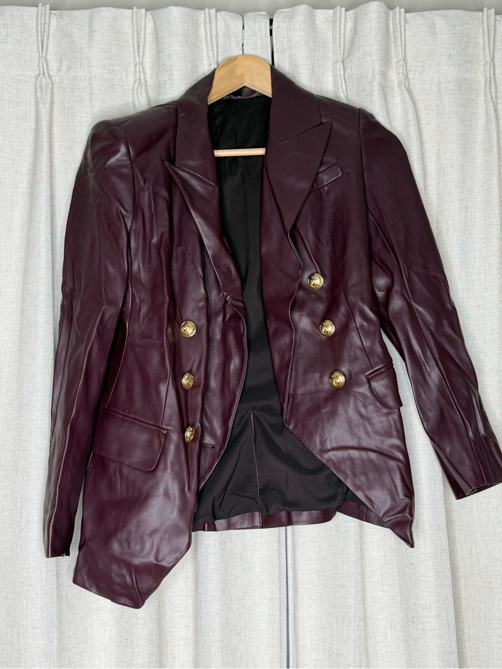 Women's Burgundy Double-Breasted Leather Blazer
